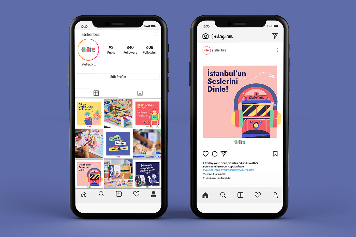 Atelier Biiz — Instagram profili ve gönderi tasarımları telefon ekranlarında