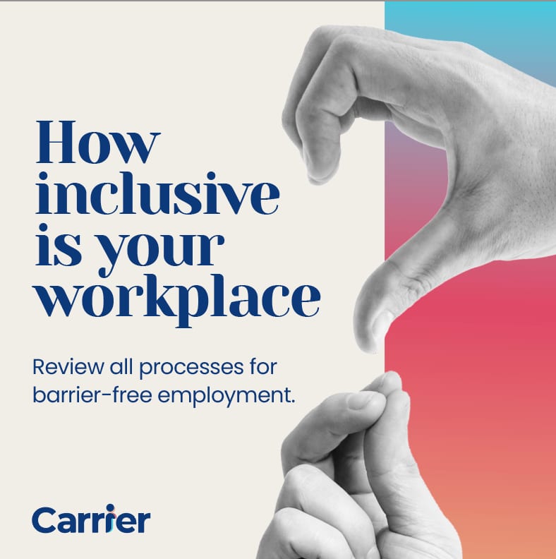 Carrier HR — ‘How inclusive is your workplace’ başlıklı kapsayıcılık temalı poster, lacivert ve gradient renk geçişli el detayları