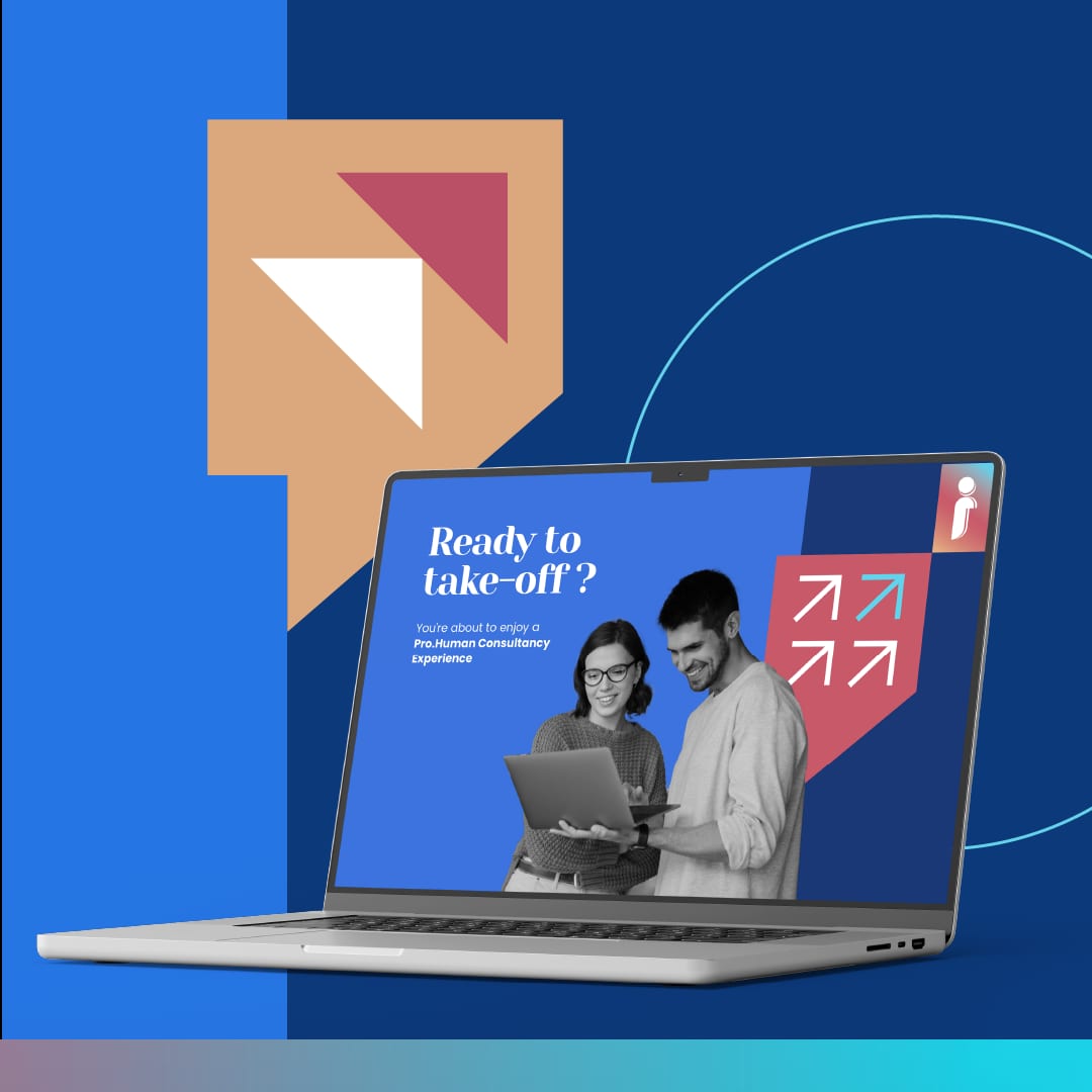 Carrier HR — laptop ekranında ‘Ready to take-off?’ başlıklı Pro.Human Consultancy Experience web tasarımı mockup’ı