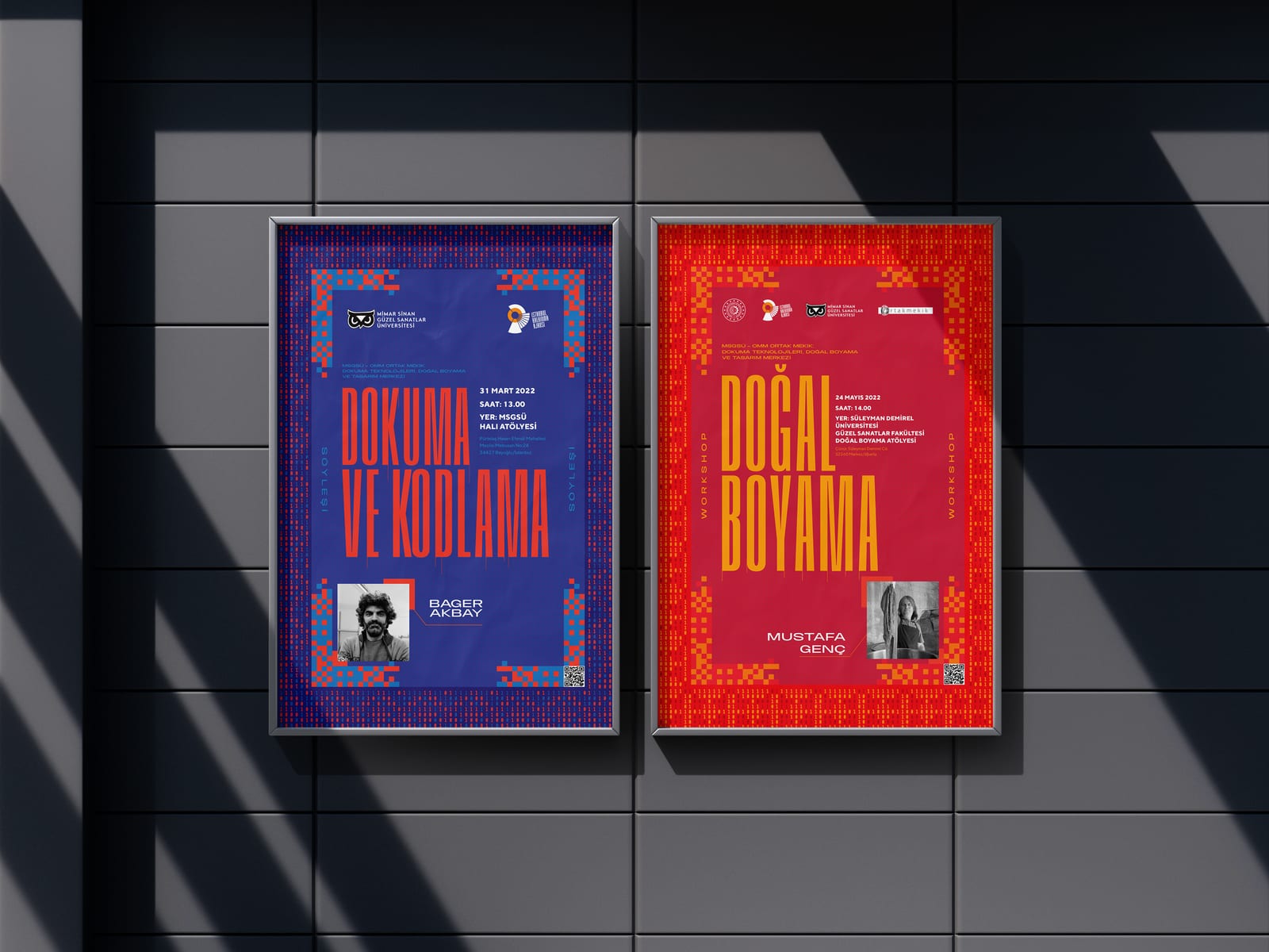 Ortak Mekik — duvarda asılı ‘Dokuma ve Kodlama’ ve ‘Doğal Boyama’ atölye afişleri
