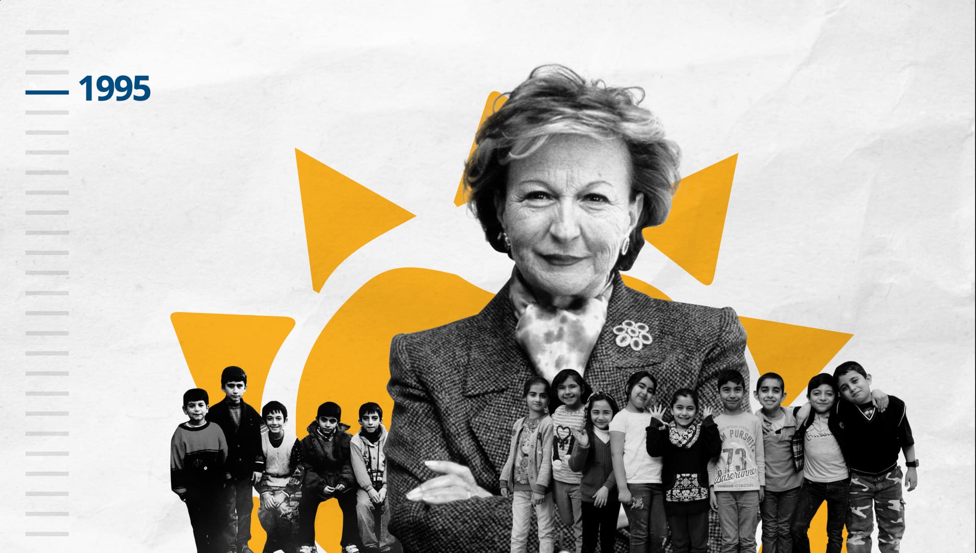 1995 — TEGV kuruluş dönemi: Suna Kıraç ve TEGV öğrencileri kolajı