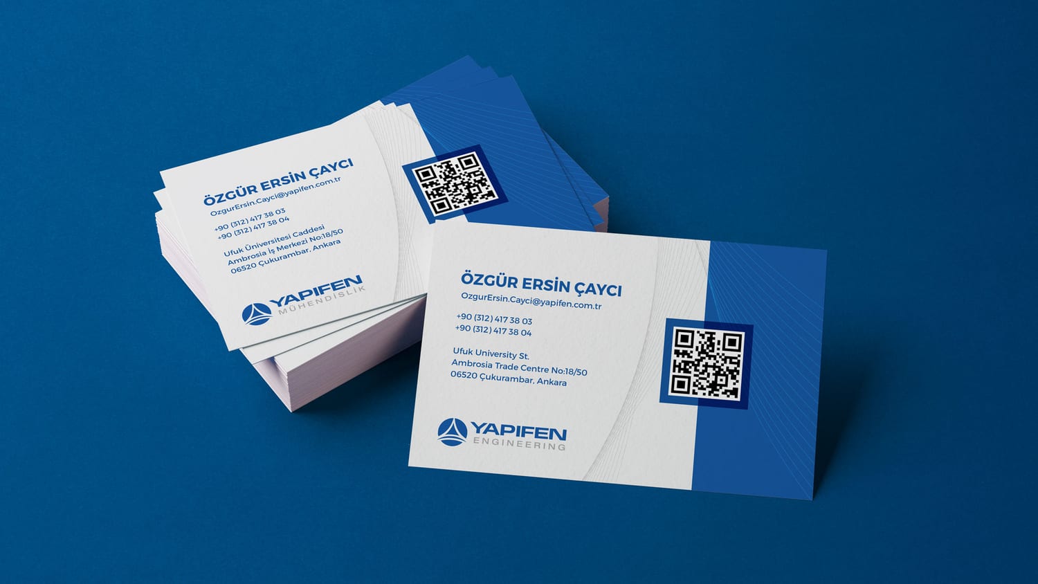 Yapıfen — mavi ve beyaz kurumsal kartvizit tasarımları, üzerinde QR kod ve iletişim bilgileri