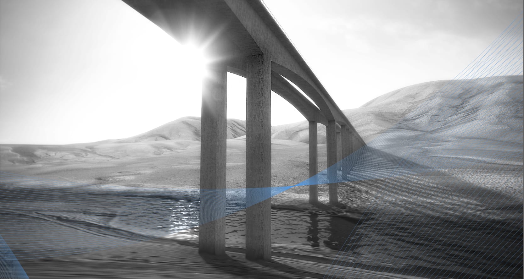 Yapıfen — anahtar görsel: dağ üzerinde uzanan beton viyadük köprü ve teknik blueprint çizgileri