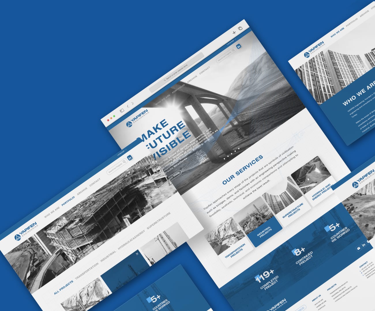 Yapıfen — bilgisayar ekranında web sitesi mockup’ı: kurumsal mavi tema, ‘Make Future Vibes’ başlığı